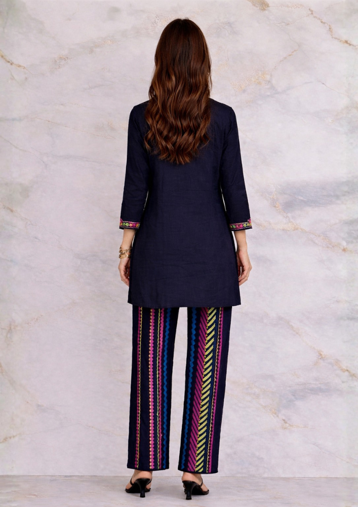 Black Indo-Western Cotton Kurta Co-Ord Set with Multicolour Mirror Embroidery (Code SC - 9)