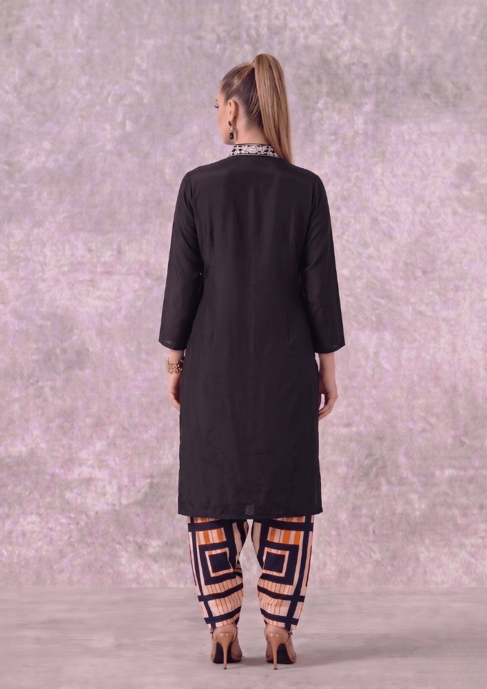 Black Indo-Western Kurta Co-Ord Set with Embroidered Chinese Collar & Farshi Salwar (Code SC - 1)