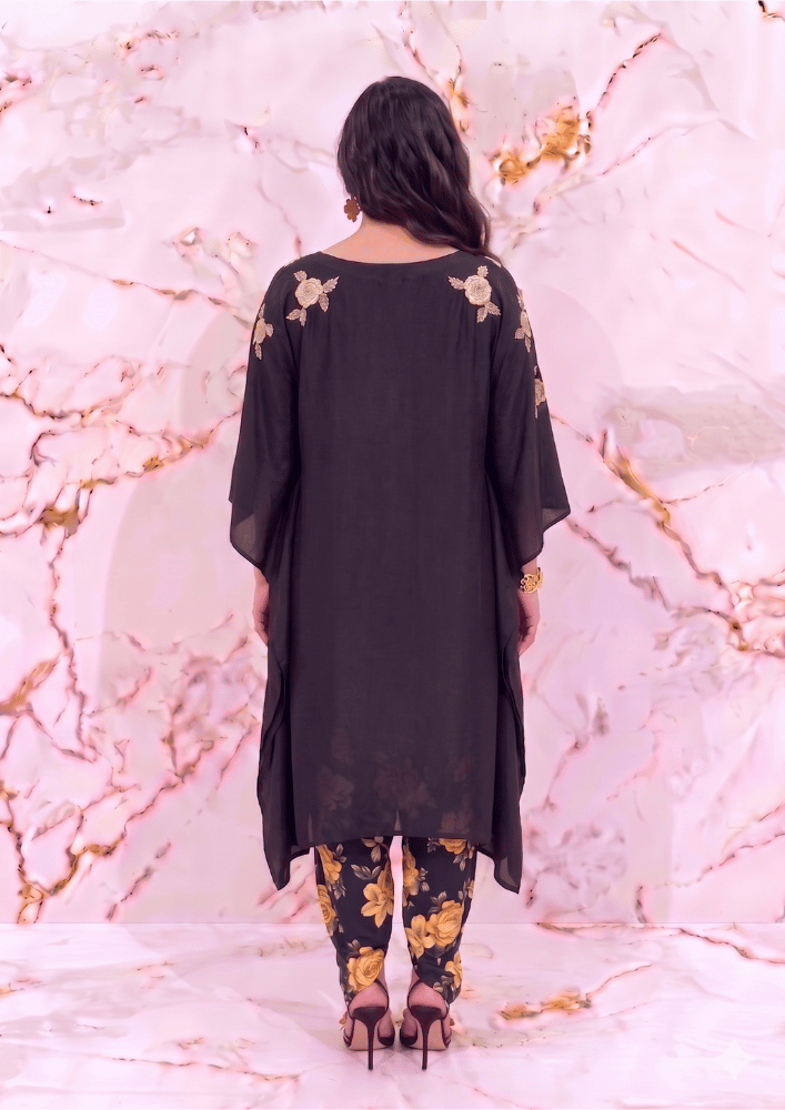 Black Indo-Western Kaftan Co-Ord Set with Gold Zardozi Booti Embroidery (Code SC - 6)