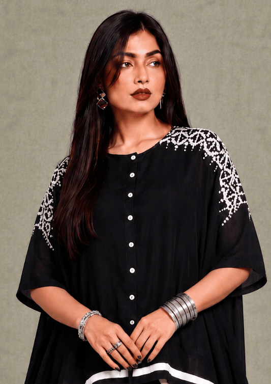 Black & White Indo-Western Shirt Poncho Co-Ord Set with Printed Wide Pants (Code SC - 13)