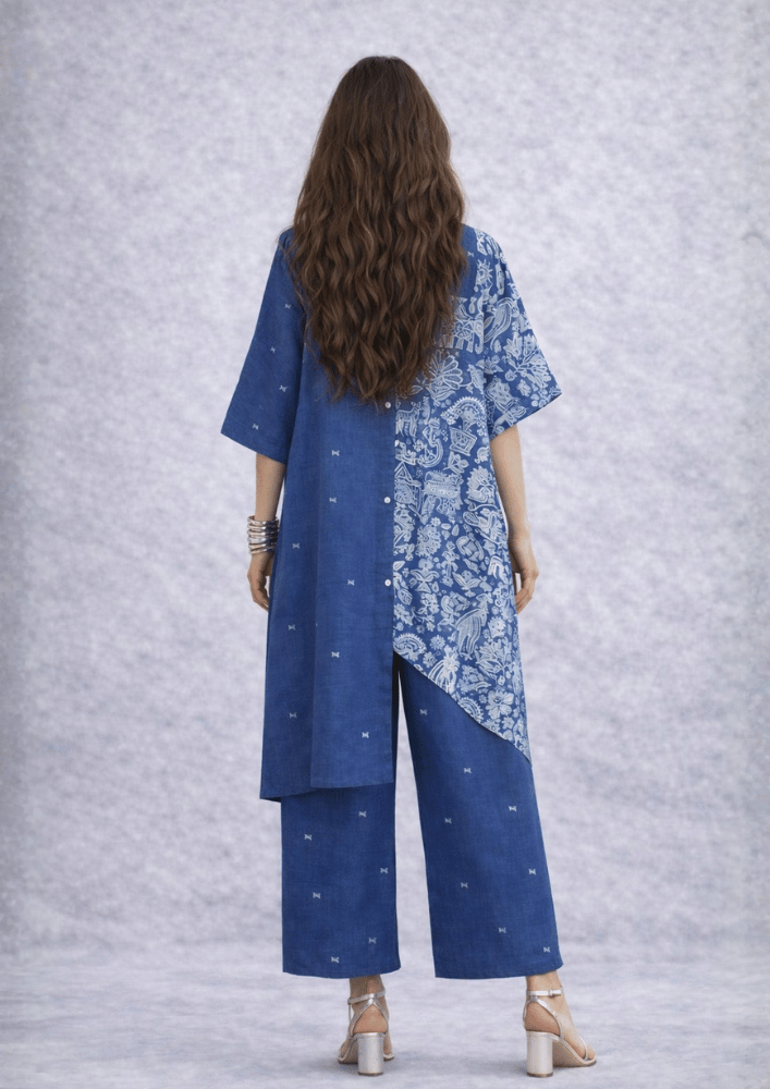 Blue Asymmetric Printed Indo-Western Kurta Co-Ord Set (Code RU - 4 (2229))