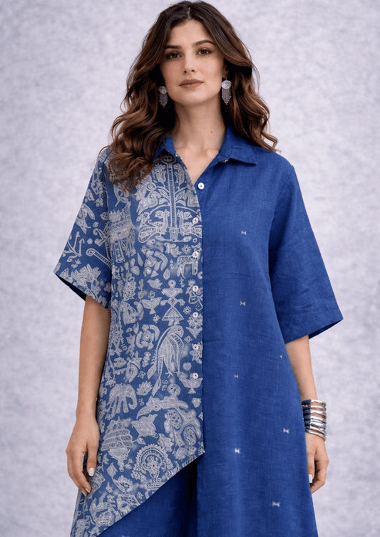 Blue Asymmetric Printed Indo-Western Kurta Co-Ord Set (Code RU - 4 (2229))