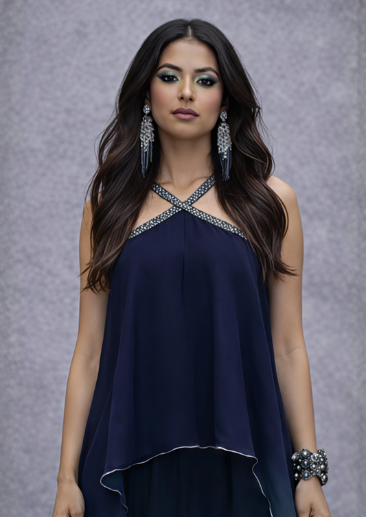 Indo-Western Blue Halter Neck Co-Ord Set with Palazzo (Code Do - 3)