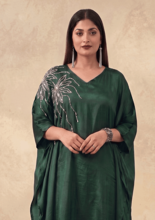 Dark Green Indo-Western Poncho Co-Ord Set with Tube Embroidery (Code SC - 4)
