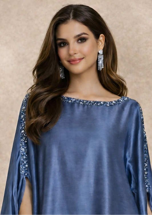 Grey Embellished Poncho Set with Boat Neck & Straight Pants (Code 107 - 2)