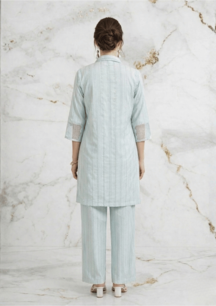 Light Blue Indo-Western Embroidered Patchwork Kurta Co-Ord Set with Straight Pants (Code St - 4 (1916 BE))