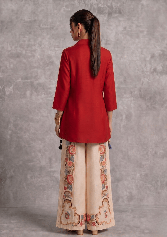 Red Indo-Western Button-Detail Co-Ord Set with Printed Straight Pants (Code Ru - 14 (FL 2265))