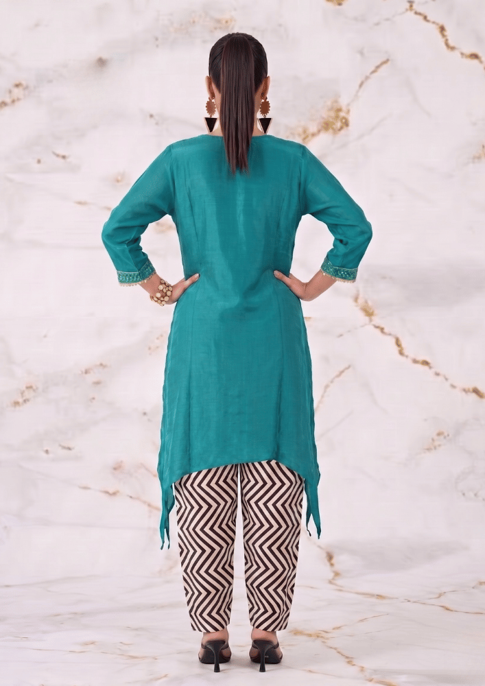 Teal Green Indo-Western Kurta Co-Ord Set with Mirror Work & Striped Farshi Salwar (Code SC - 8)