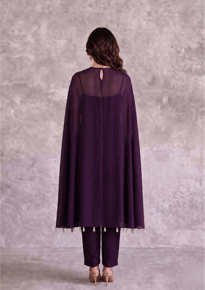 Wine Indo-Western Poncho Cape Co-Ord Set with Straight Pants (Code Do - 8)