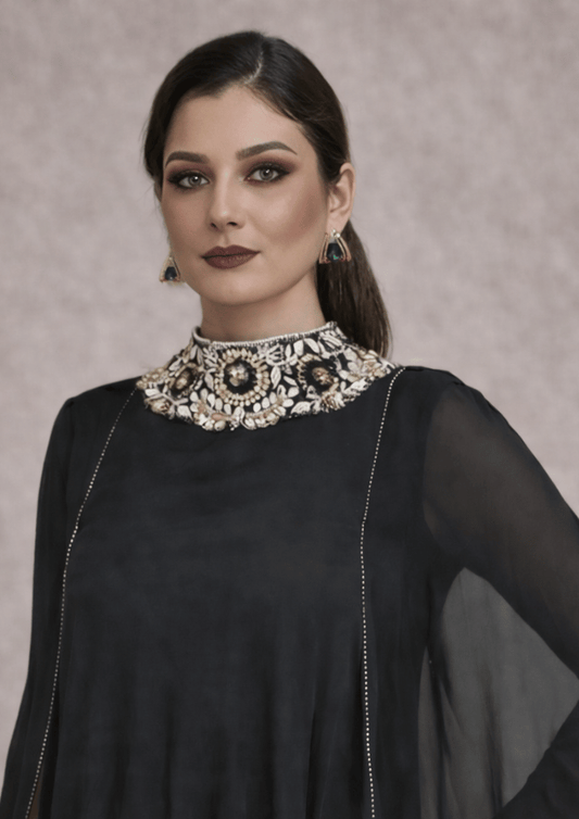 Black Luxury Indo-Western Poncho Cape Co-Ord Set with tulip Doti Pants (Code Do - 7)