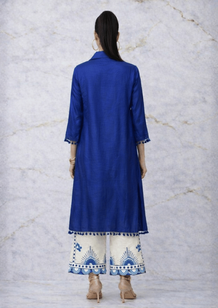 Blue Indo-Western Shell Detail Co-Ord Set with Printed Palazzo (Code RU - 2 (2008))