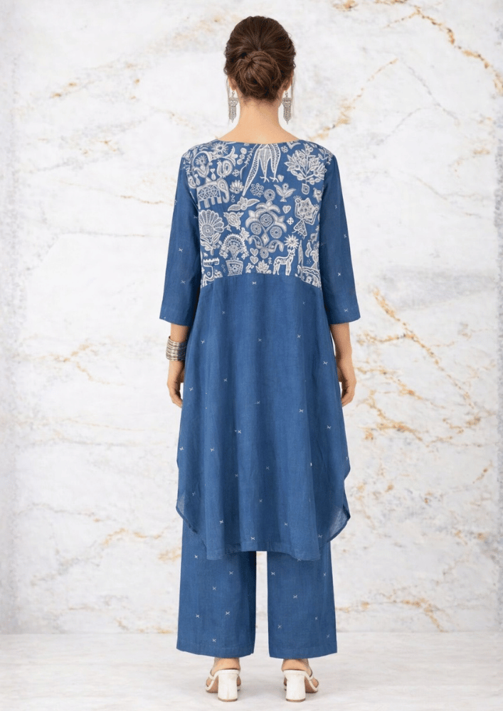 Blue Printed Indo-Western High-Low Co-Ord Set with Straight Palazzos (Code SC - 18)