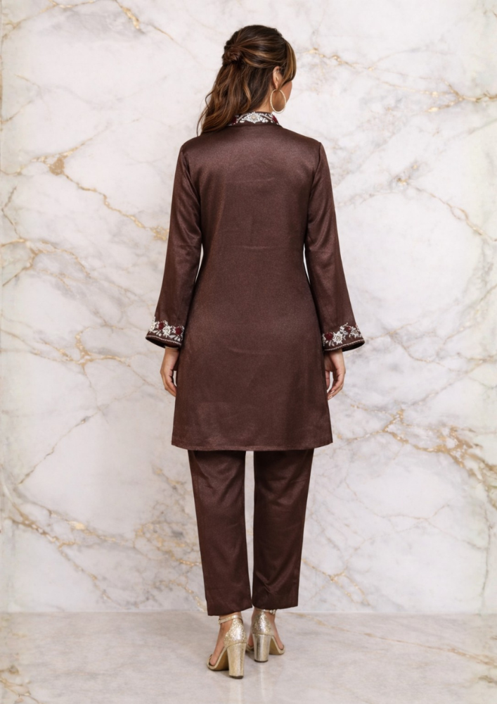 Brown Embroidered Kurta Set with Deep V-Neck & Straight Pants (Code 107 - 4)