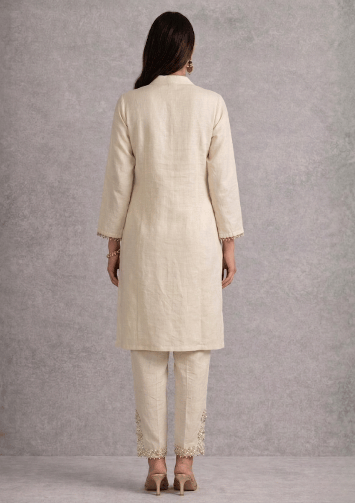 Off-White Indo-Western Kurta Co-Ord Set with Mirror Embroidery (Code SC - 14)