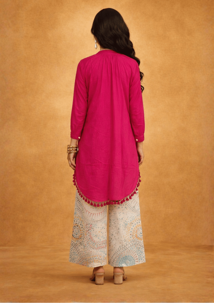 Pink Asymmetric Printed Indo-Western Kurta Co-Ord Set with Printed Palazzo (Code RU - 5 (2248))
