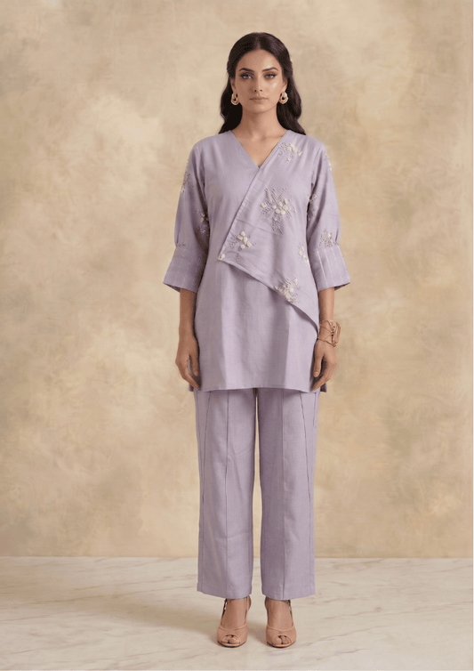 Lavender Indo-Western Embroidered Kurta Co-Ord Set with Straight Pants (Code St - 5 (2005 PE))