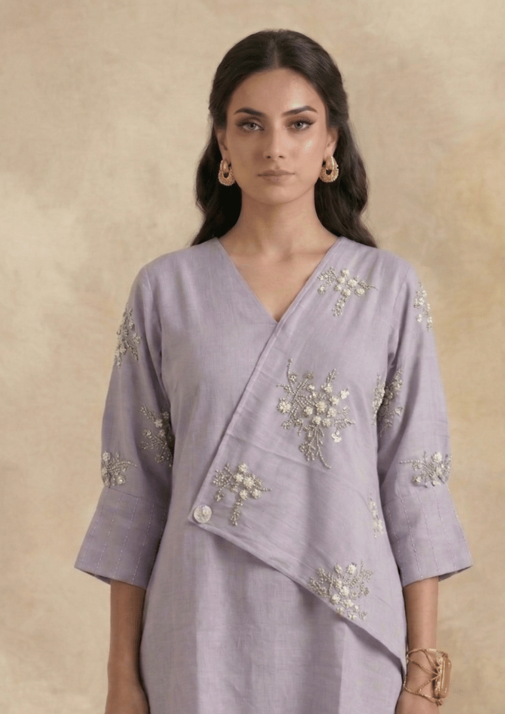 Lavender Indo-Western Embroidered Kurta Co-Ord Set with Straight Pants (Code St - 5 (2005 PE))