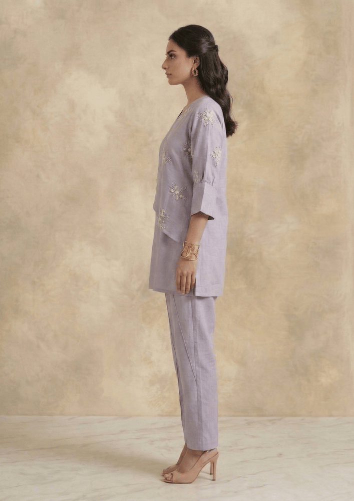 Lavender Indo-Western Embroidered Kurta Co-Ord Set with Straight Pants (Code St - 5 (2005 PE))