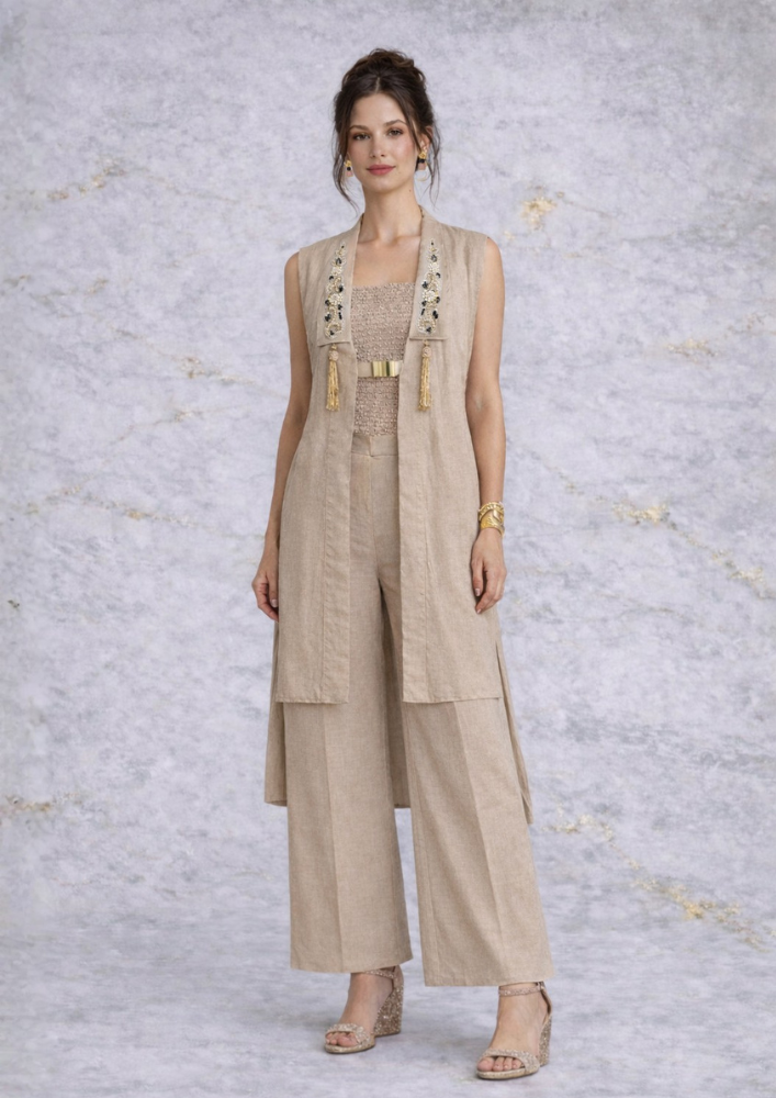 Indo-Western Beige Jacket Co-Ord Set with Buckle & Palazzo Pants (Code Do - 5)