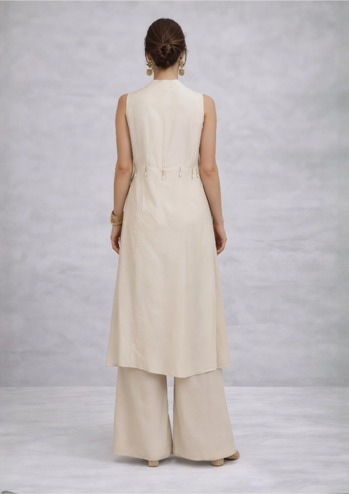 Indo-Western Beige Jacket Co-Ord Set with Buckle & Palazzo Pants (Code Do - 5)
