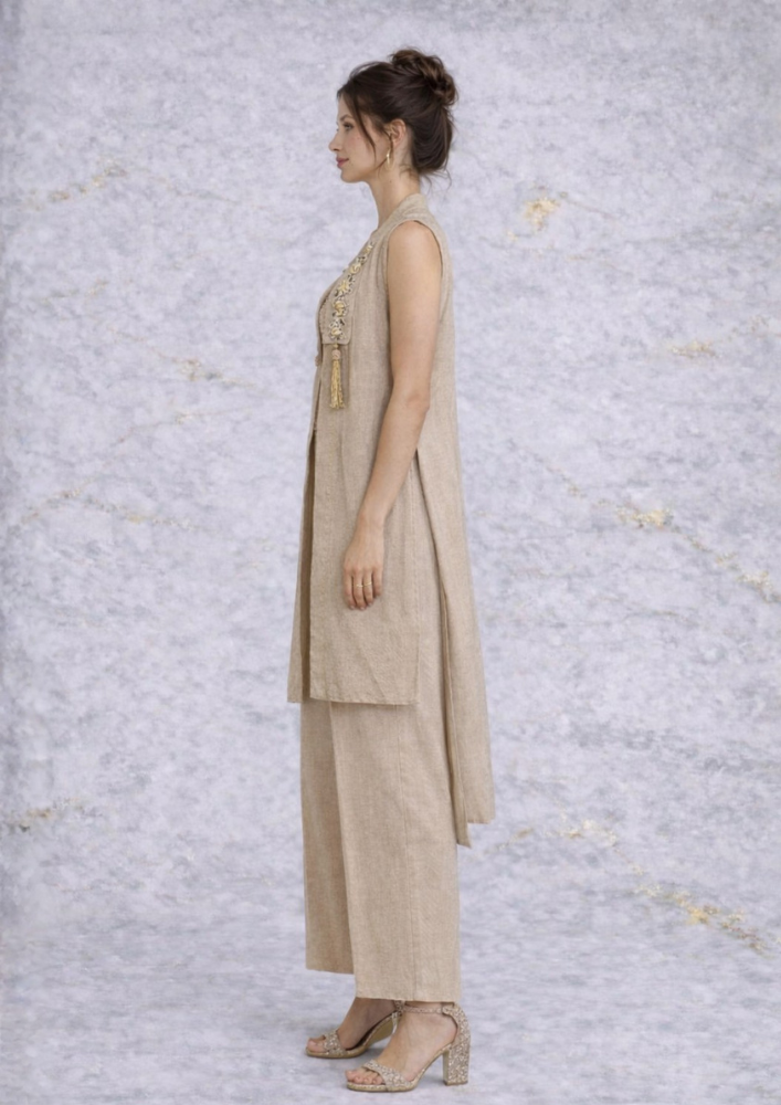Indo-Western Beige Jacket Co-Ord Set with Buckle & Palazzo Pants (Code Do - 5)
