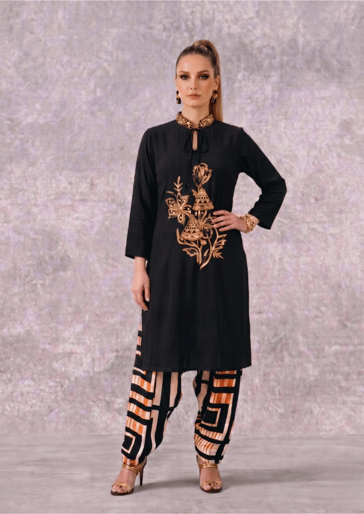 Black Indo-Western Kurta Co-Ord Set with Embroidered Chinese Collar & Farshi Salwar (Code SC - 1)