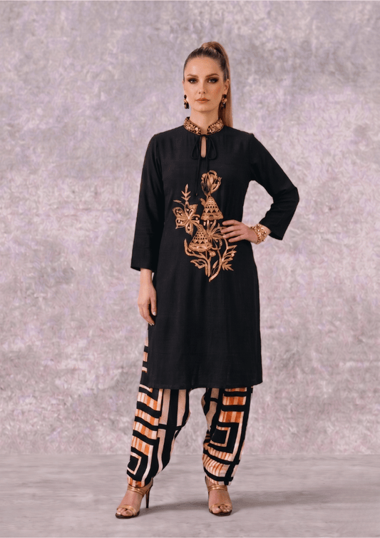 Black Indo-Western Kurta Co-Ord Set with Embroidered Chinese Collar & Farshi Salwar (Code SC - 1)