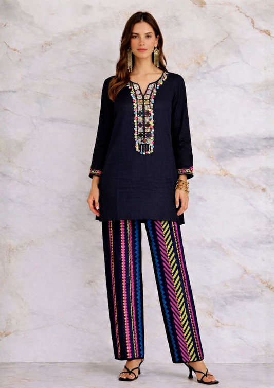 Black Indo-Western Cotton Kurta Co-Ord Set with Multicolour Mirror Embroidery (Code SC - 9)