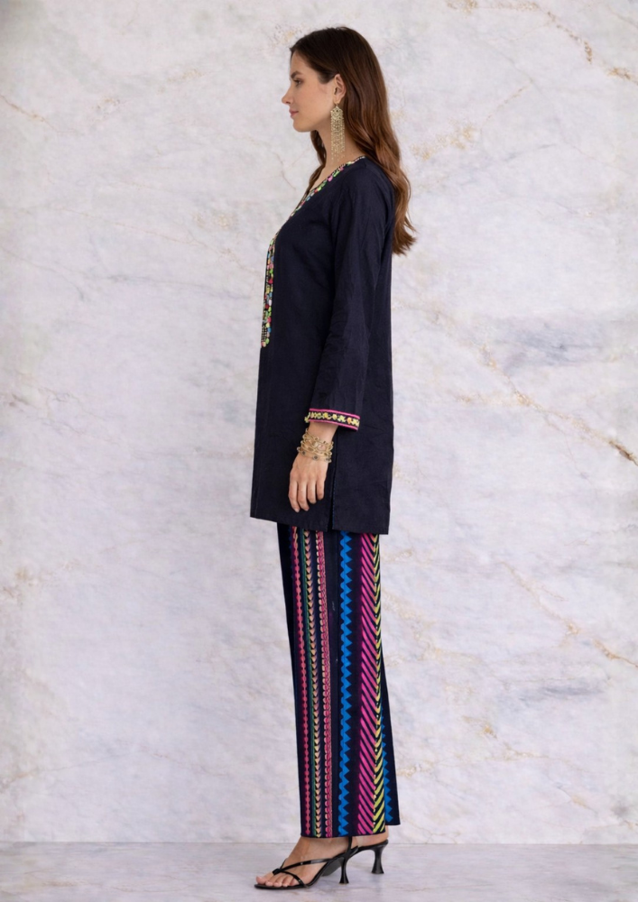Black Indo-Western Cotton Kurta Co-Ord Set with Multicolour Mirror Embroidery (Code SC - 9)