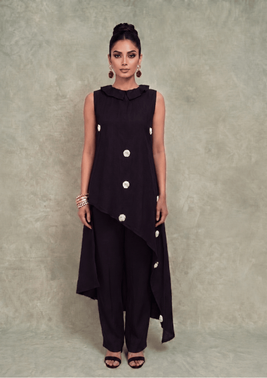 Black Indo-Western Corset Co-Ord Set with White Sequin Floral Work (Code Pam 3)