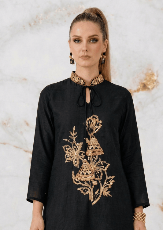 Black Indo-Western Kurta Co-Ord Set with Embroidered Chinese Collar & Farshi Salwar (Code SC - 1)