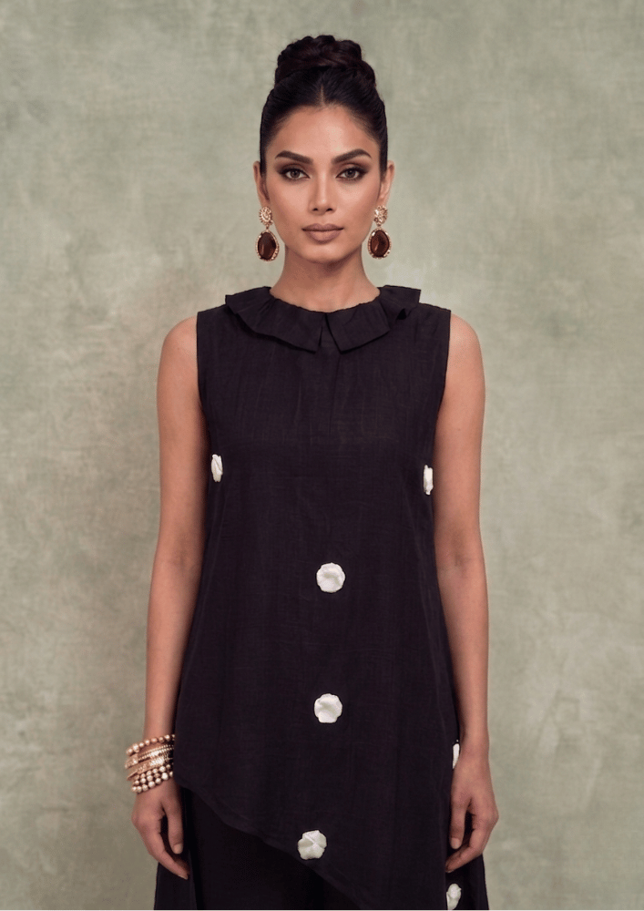 Black Indo-Western Corset Co-Ord Set with White Sequin Floral Work (Code Pam 3)