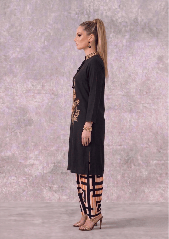 Black Indo-Western Kurta Co-Ord Set with Embroidered Chinese Collar & Farshi Salwar (Code SC - 1)
