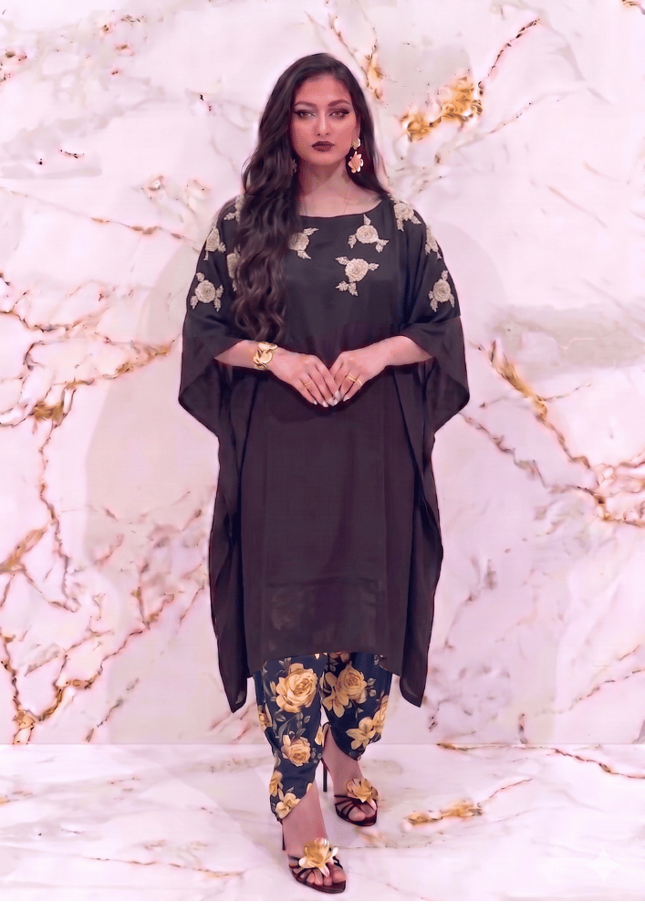 Black Indo-Western Kaftan Co-Ord Set with Gold Zardozi Booti Embroidery (Code SC - 6)