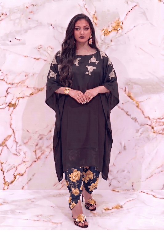 Black Indo-Western Kaftan Co-Ord Set with Gold Zardozi Booti Embroidery (Code SC - 6)