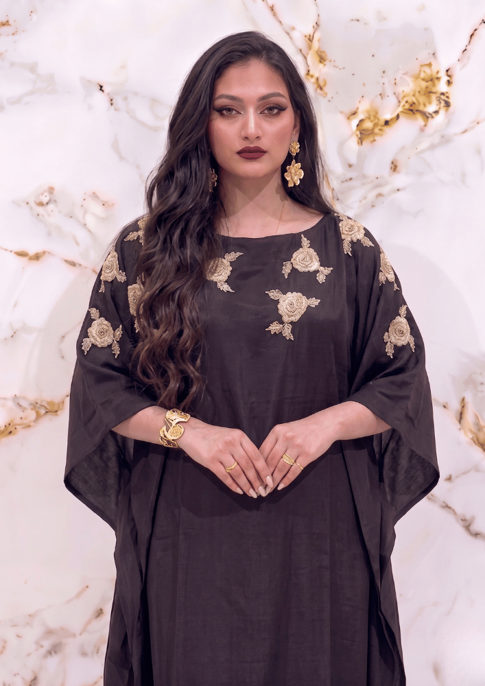 Black Indo-Western Kaftan Co-Ord Set with Gold Zardozi Booti Embroidery (Code SC - 6)