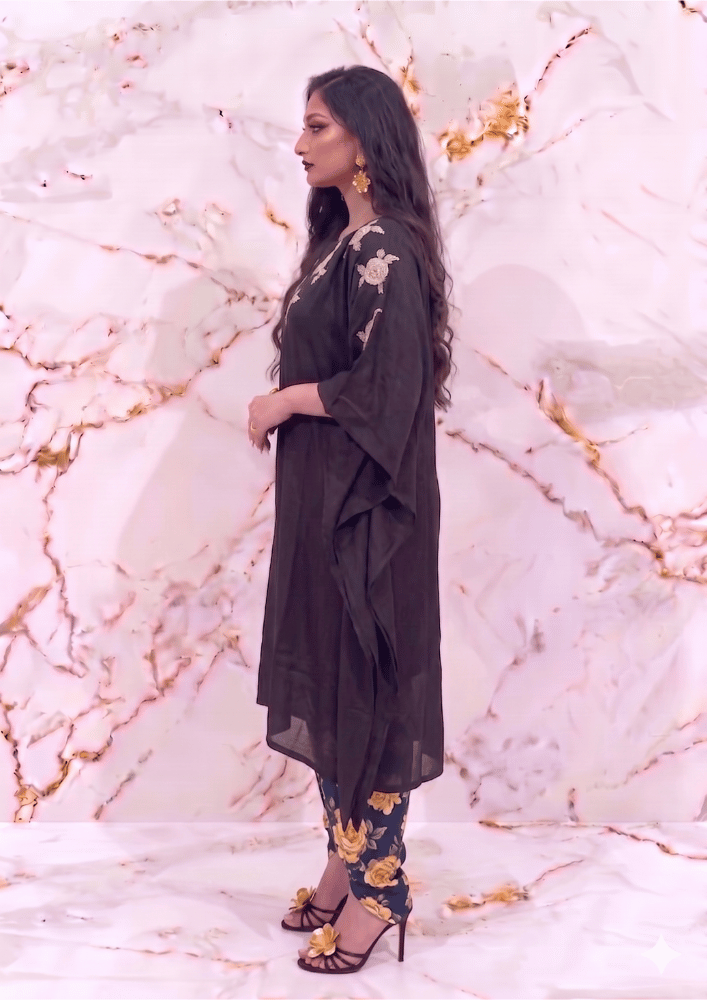 Black Indo-Western Kaftan Co-Ord Set with Gold Zardozi Booti Embroidery (Code SC - 6)