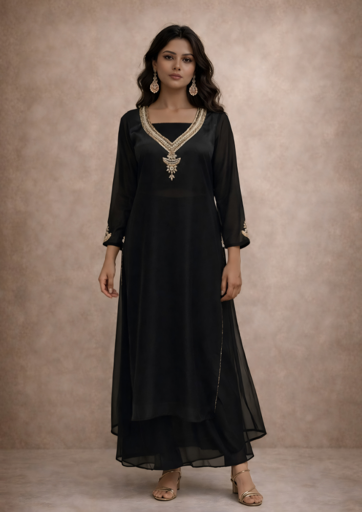 Indo-Western Black Organza Co-Ord Set with Deep V-Neck & Flared Palazzo (Code Do - 4)