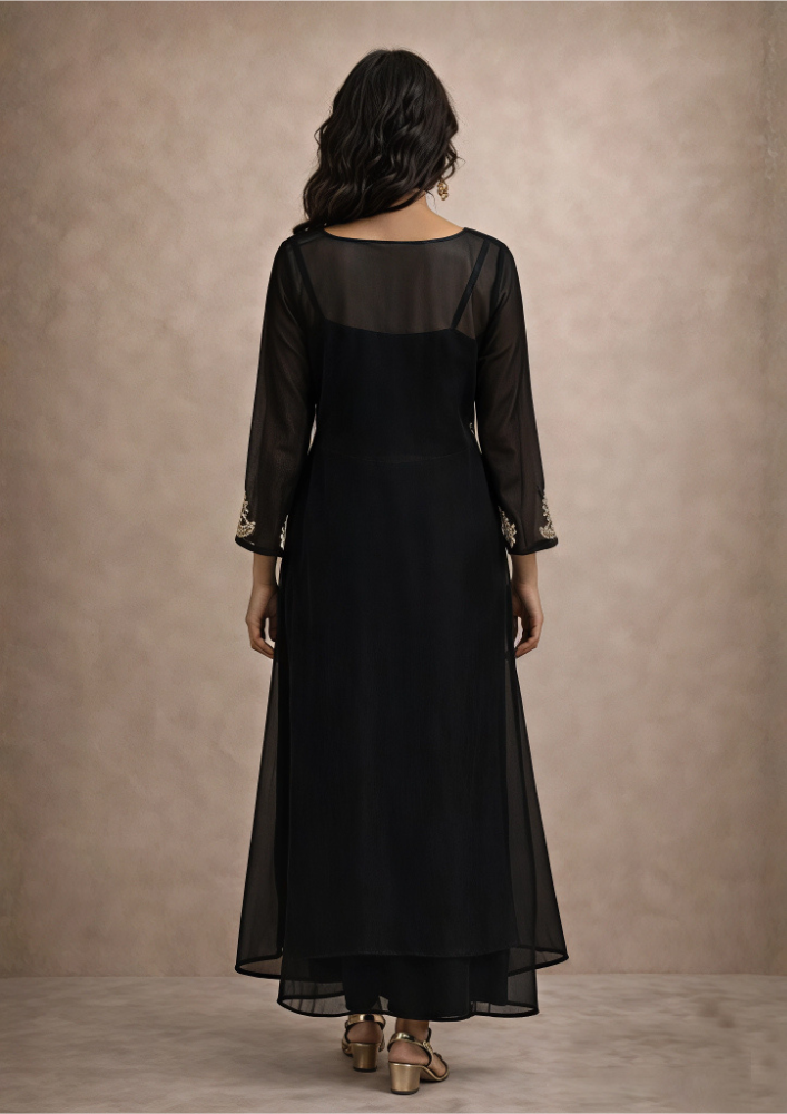 Indo-Western Black Organza Co-Ord Set with Deep V-Neck & Flared Palazzo (Code Do - 4)