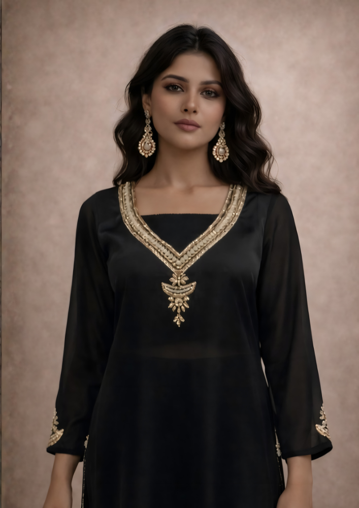 Indo-Western Black Organza Co-Ord Set with Deep V-Neck & Flared Palazzo (Code Do - 4)