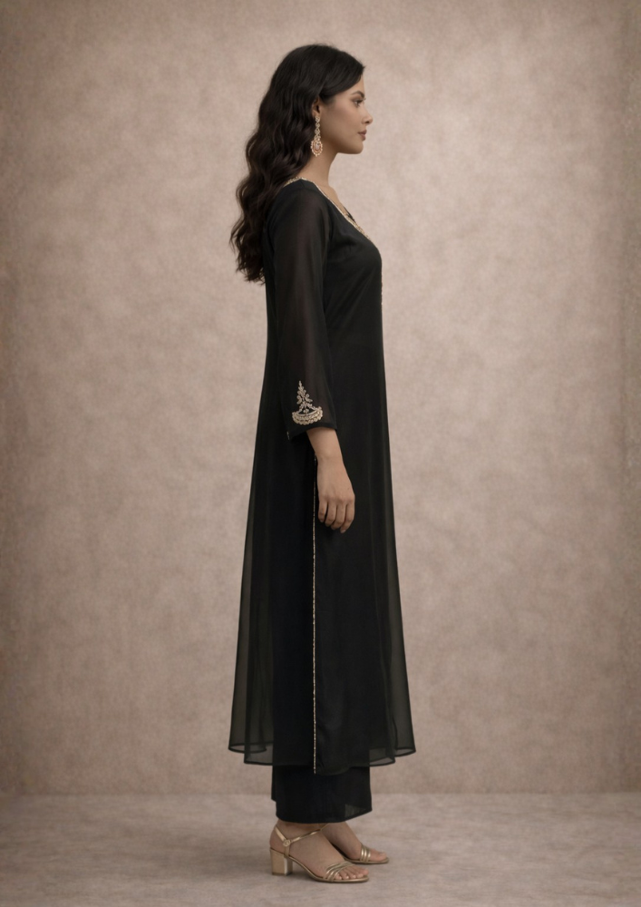 Indo-Western Black Organza Co-Ord Set with Deep V-Neck & Flared Palazzo (Code Do - 4)