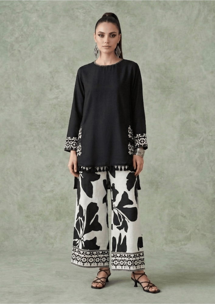 Black & White Indo-Western High-Low Co-Ord Set with Printed Details (Code SC - 17)