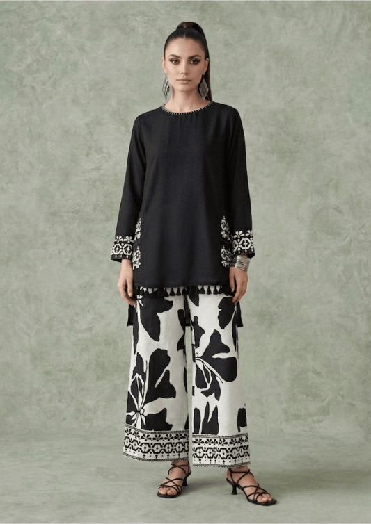 Black & White Indo-Western High-Low Co-Ord Set with Printed Details (Code SC - 17)