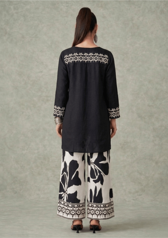 Black & White Indo-Western High-Low Co-Ord Set with Printed Details (Code SC - 17)