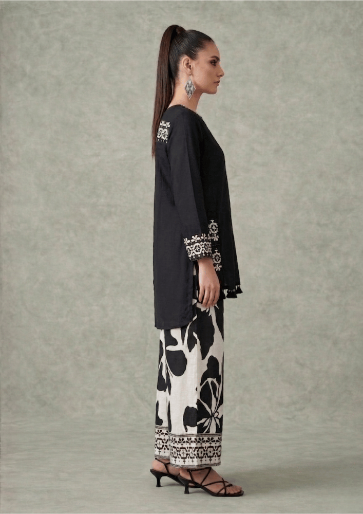 Black & White Indo-Western High-Low Co-Ord Set with Printed Details (Code SC - 17)