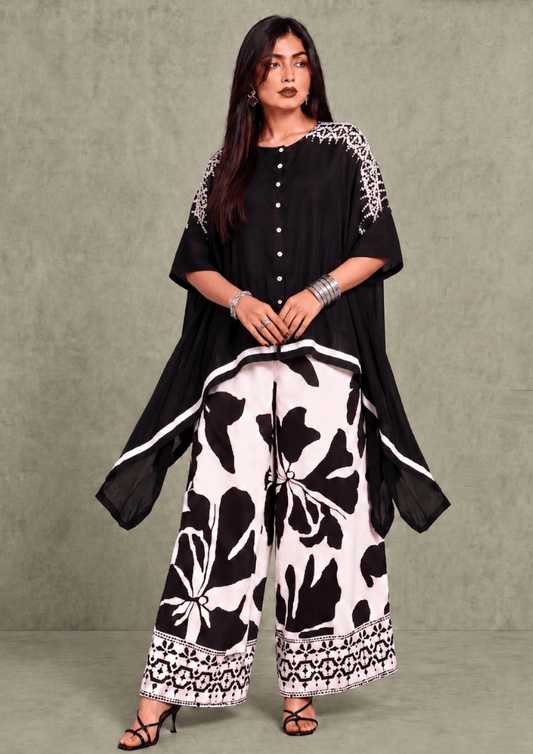 Black & White Indo-Western Shirt Poncho Co-Ord Set with Printed Wide Pants (Code SC - 13)