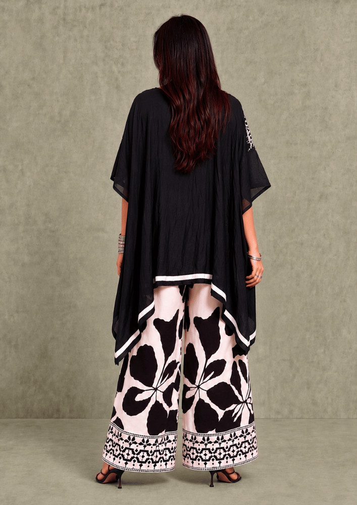 Black & White Indo-Western Shirt Poncho Co-Ord Set with Printed Wide Pants (Code SC - 13)