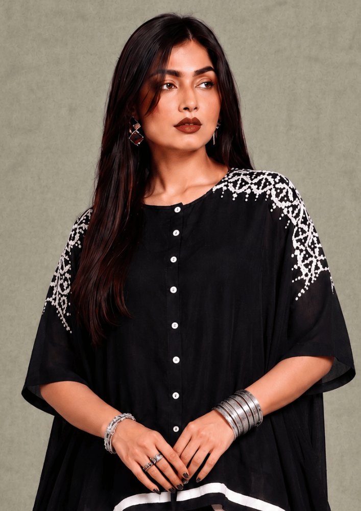 Black & White Indo-Western Shirt Poncho Co-Ord Set with Printed Wide Pants (Code SC - 13)