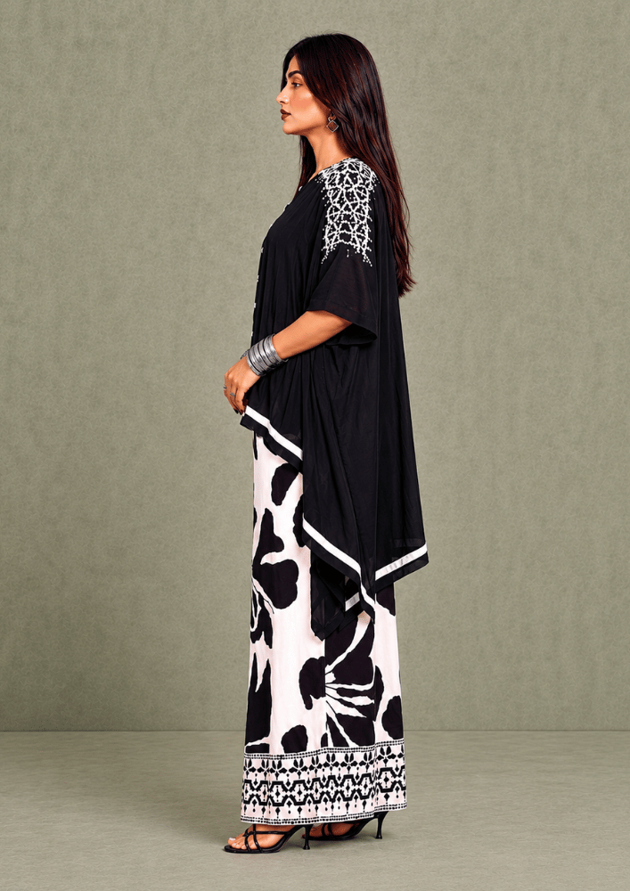 Black & White Indo-Western Shirt Poncho Co-Ord Set with Printed Wide Pants (Code SC - 13)