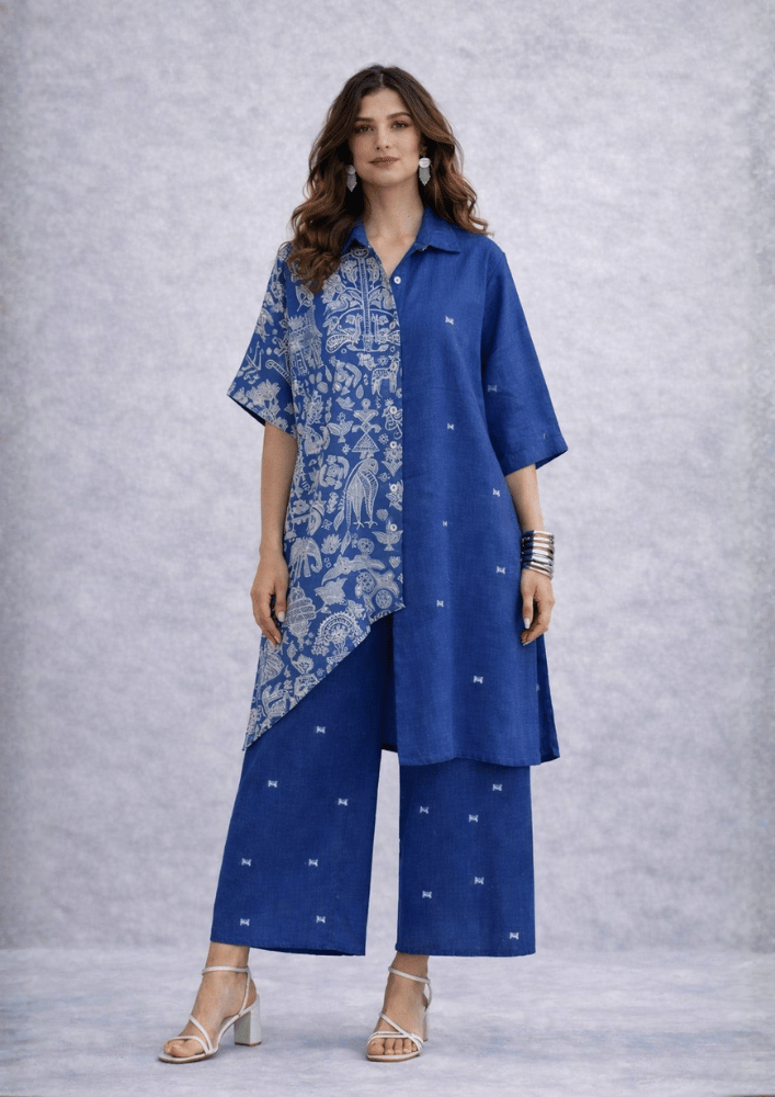 Blue Asymmetric Printed Indo-Western Kurta Co-Ord Set (Code RU - 4 (2229))